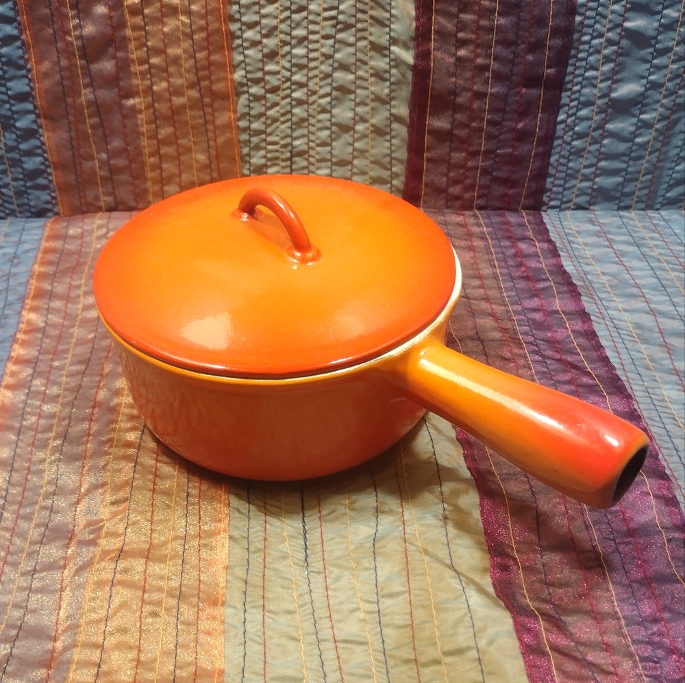 Vintage Small Orange Enameled Cast Iron Saucepan With Lid